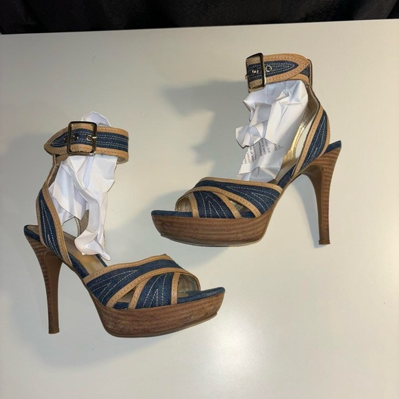 Y2K Guess Denim Leather Trim Open Toe Platform Stiletto Heels - Picture 2 of 7